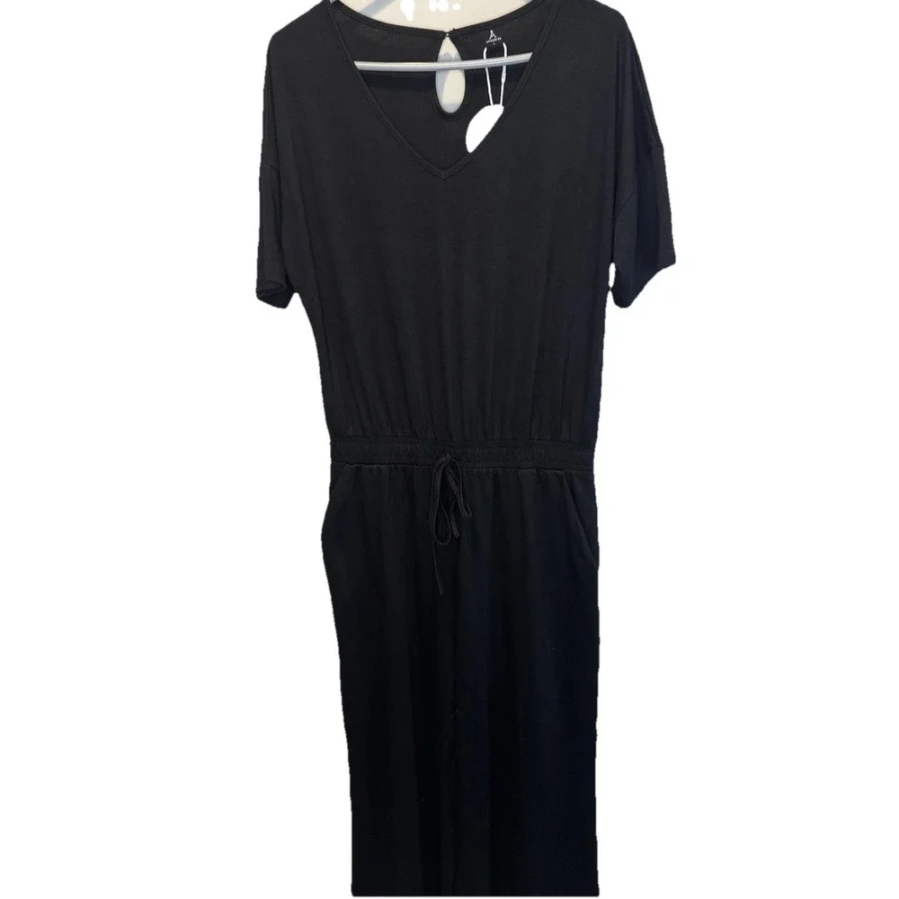 Anrabess Black Elastic‎ Waist Wide Crop Leg Short Sleeve Knit Jumpsuit L NEW